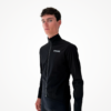 Veste noire coupe-vent technique pour cyclisme, ajustement près du corps avec logo visible.