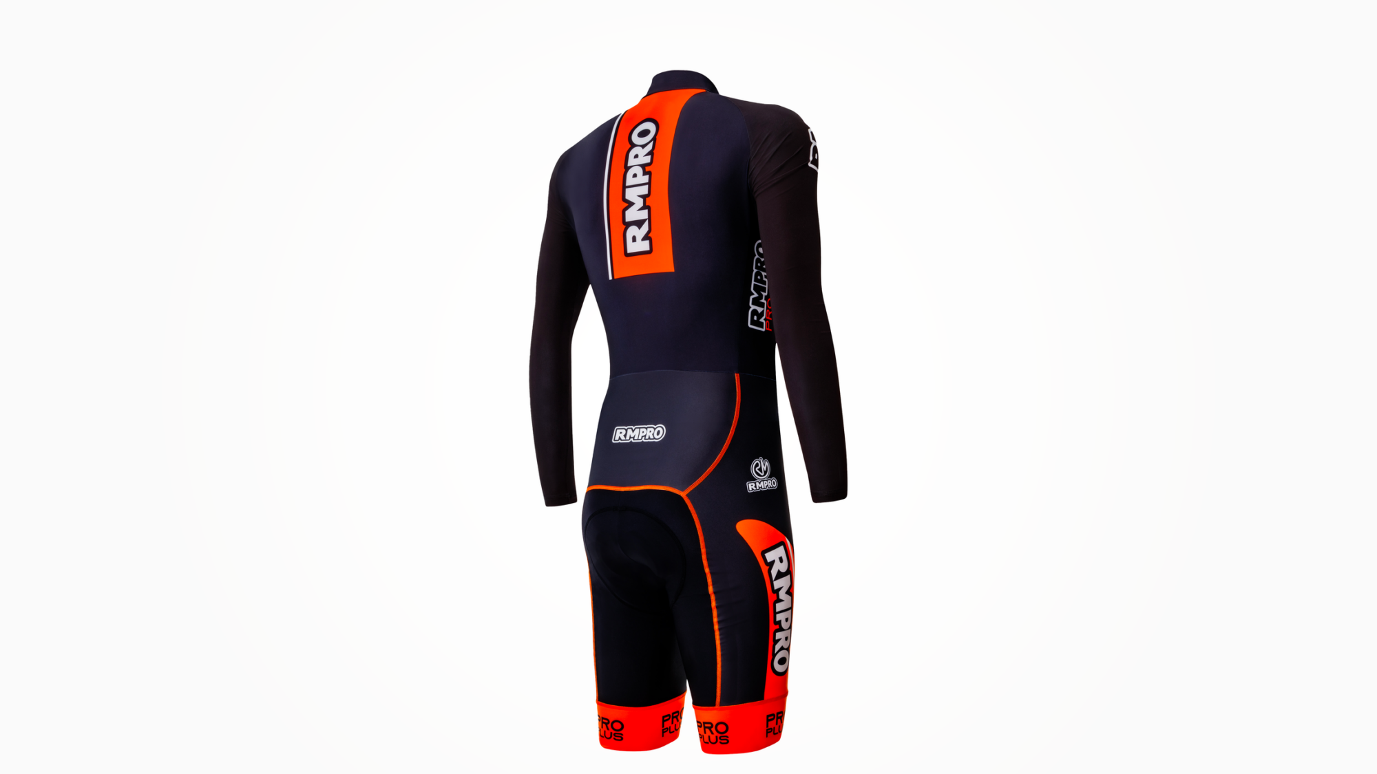 Mono-sarthe technique noir avec manches longues, détails en orange et logos personnalisés.