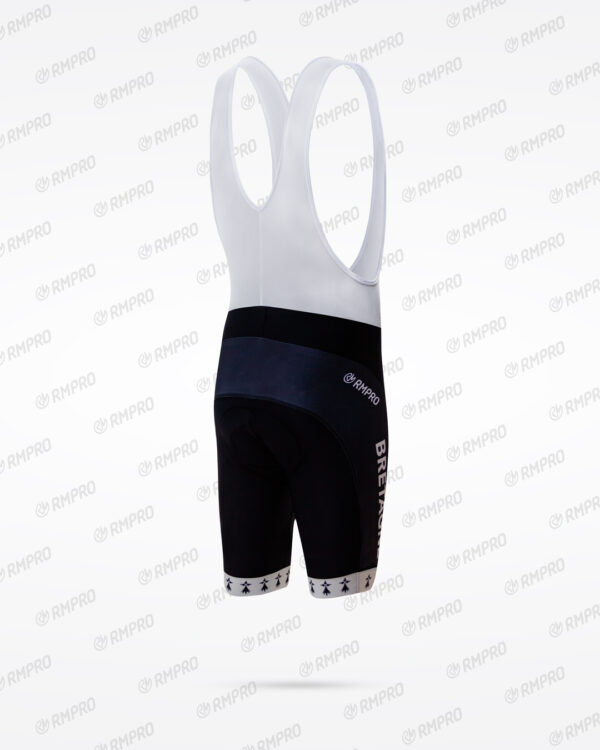 Cuissard technique noir avec bretelles et détails personnalisés aux couleurs d'un club de cyclisme.