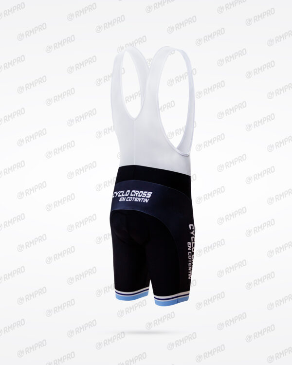 Cuissard technique noir avec bretelles, personnalisé avec logo et couleur d'un club de cyclisme.