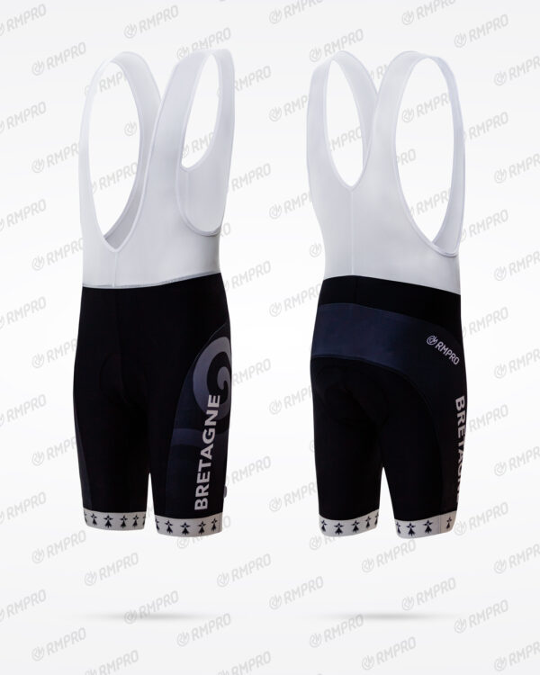 Cuissard technique noir et blanc personnalisé avec logo "Bretagne" et détails de maillot.