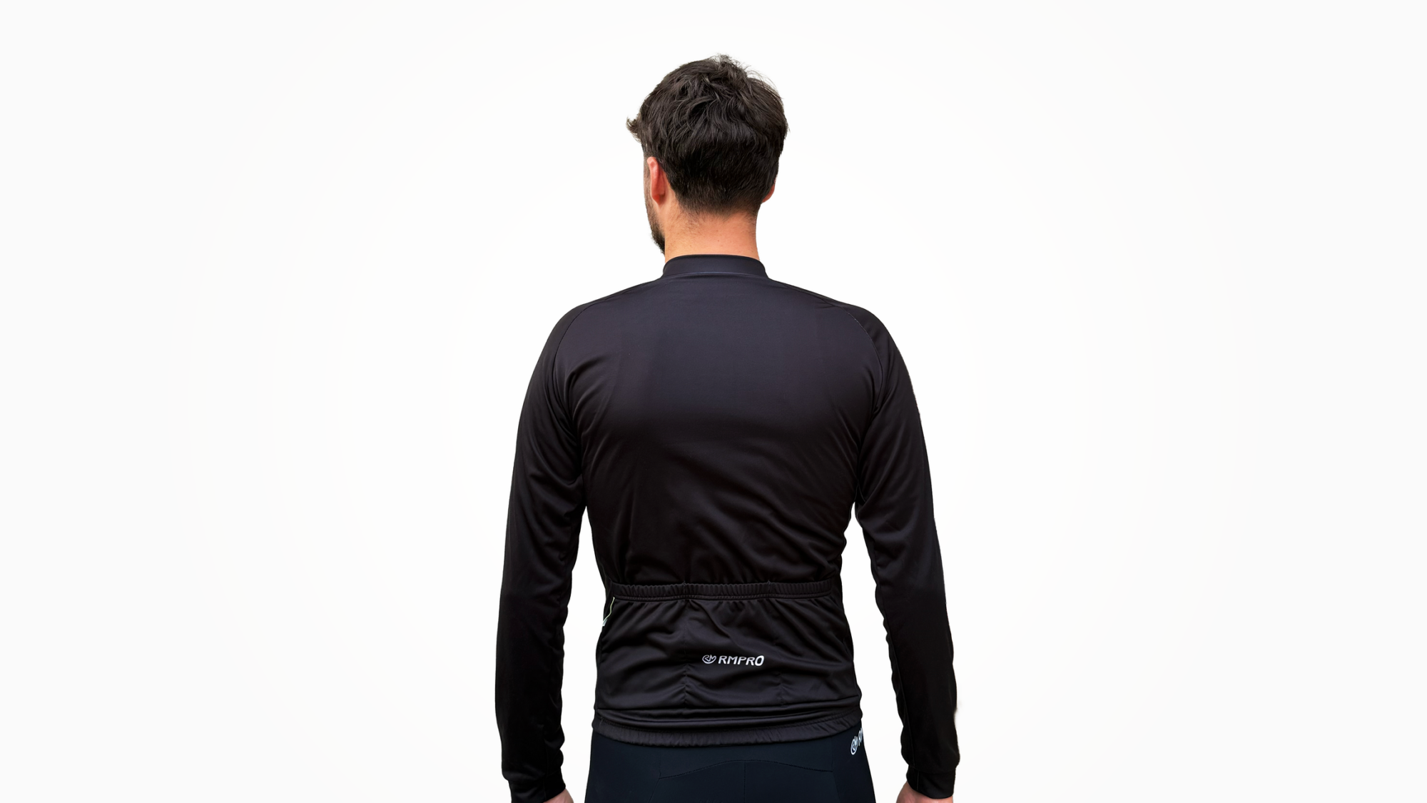 Maillot manche longue noir en tissu technique, vue arrière avec éléments de design pour cyclisme.