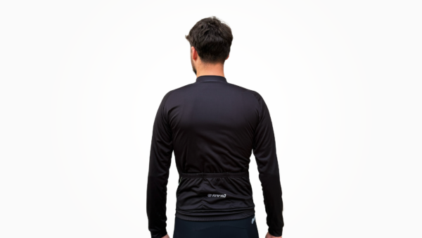 Maillot manche longue noir en tissu technique, vue arrière avec éléments de design pour cyclisme.