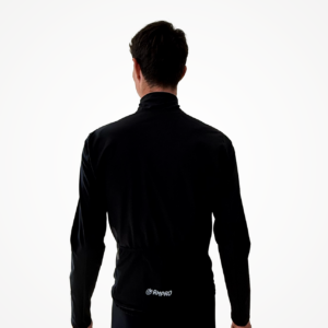 Veste technique noire avec col haut, adaptée pour le cyclisme et dotée de détails fonctionnels.