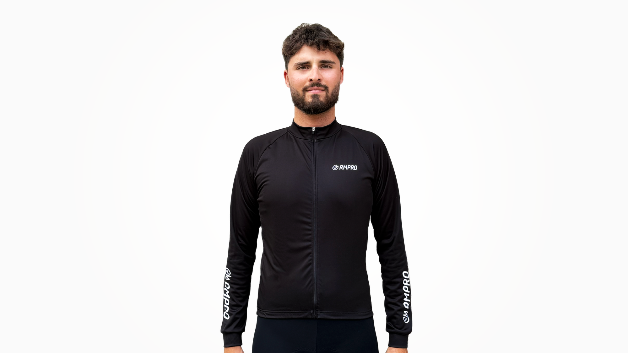 Maillot manche longue noir avec fermeture éclair et logo RMPRO visible, adapté pour le cyclisme.