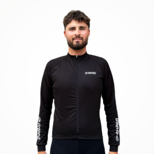 Maillot manche longue noir avec fermeture éclair et logo RMPRO visible, adapté pour le cyclisme.