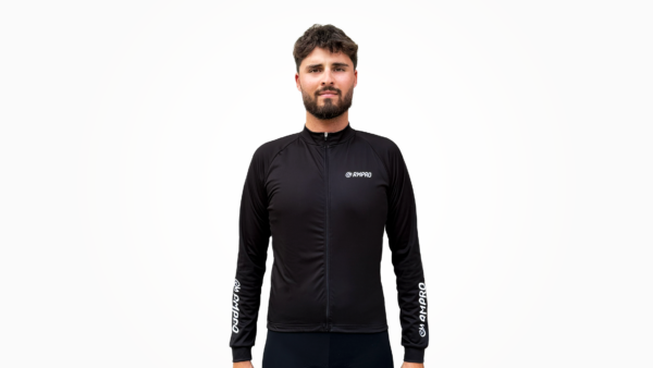 Maillot manche longue noir avec fermeture éclair et logo RMPRO visible, adapté pour le cyclisme.