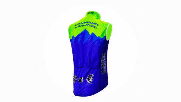 Gilet technique ajusté aux couleurs bleu et vert, personnalisé avec logos de club de cyclisme.