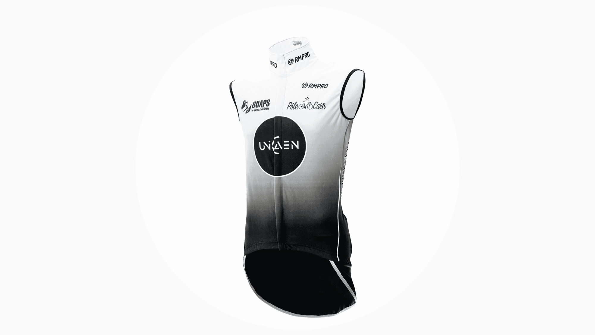 Gilet sans manches noir et blanc avec logo personnalisé pour club de cyclisme.