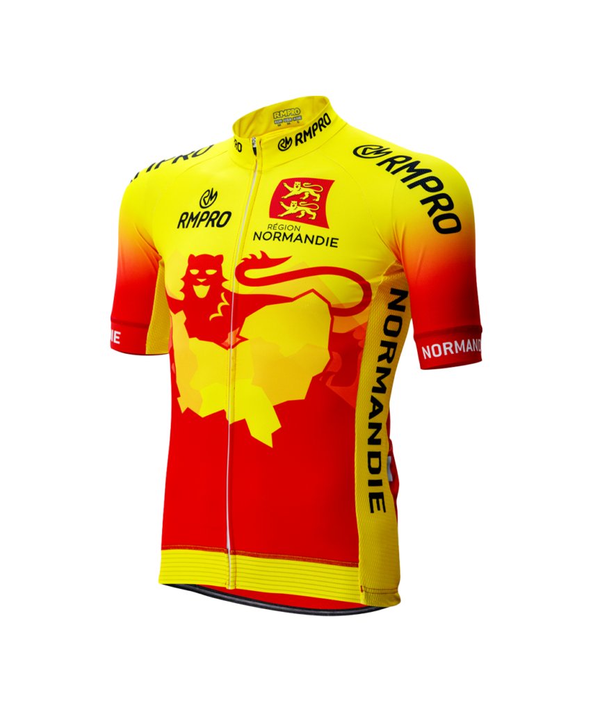 Maillot de cyclisme personnalisé aux couleurs vives de la région Normandie avec logo de club.