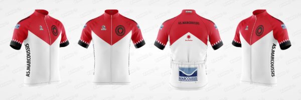 Maillot de cyclisme personnalisé rouge et blanc avec logos du club AS Marcoussis.