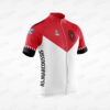 Maillot de cyclisme personnalisé aux couleurs d'un club, rouge et blanc avec logo sur la poitrine et inscription sur la manche.