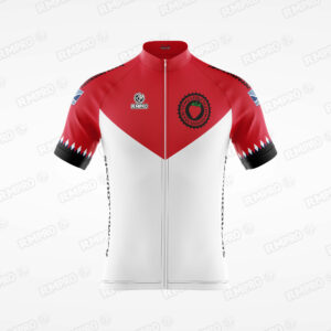 Maillot de cyclisme rouge et blanc avec logo de club et détails personnalisés.