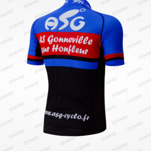 Maillot à manches courtes aux couleurs personnalisées bleu, rouge et noir avec logo de club sur le dos.