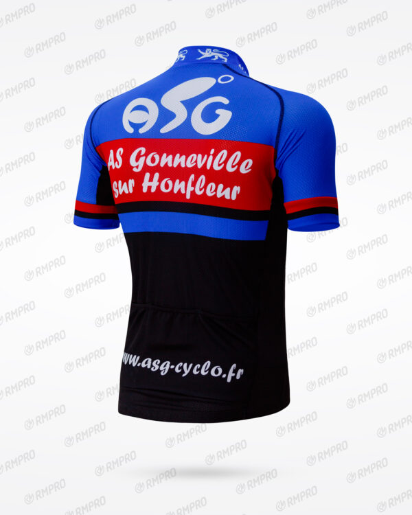 Maillot à manches courtes aux couleurs personnalisées bleu, rouge et noir avec logo de club sur le dos.