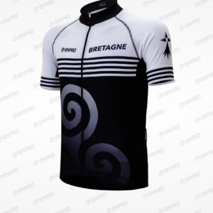 Maillot de cyclisme personnalisé noir et blanc avec motifs et logo "Bretagne".