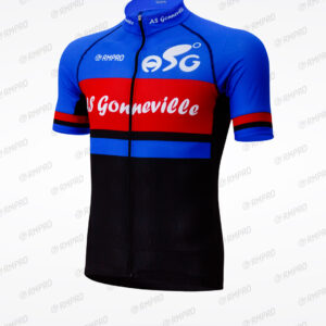 Maillot de cyclisme bleu, rouge et noir aux couleurs du club AS Gonneville avec logo visible.