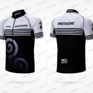 Maillot de cyclisme personnalisé noir et blanc avec motifs et logo "Bretagne".
