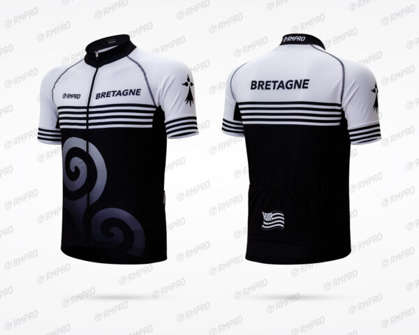 Maillot de cyclisme personnalisé noir et blanc avec motifs et logo "Bretagne".
