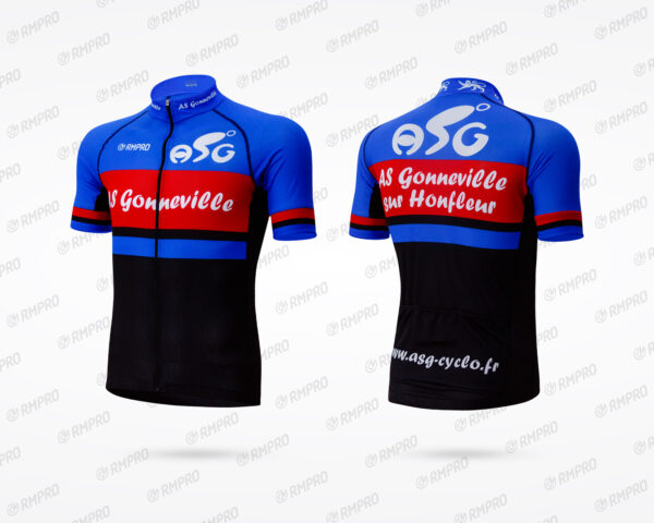 Maillot de cyclisme personnalisé aux couleurs et logos du club AS Gonneville sur fond noir et bleu.