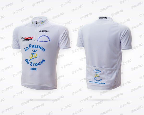 Maillot de cyclisme personnalisé blanc avec logos et slogan "La Passion du 2 roues".