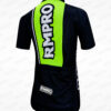 Maillot noir avec des accents verts et logo personnalisé, adapté pour le cyclisme.