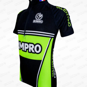 Maillot de cyclisme noir et vert fluo avec logo personnalisé et détails techniques.