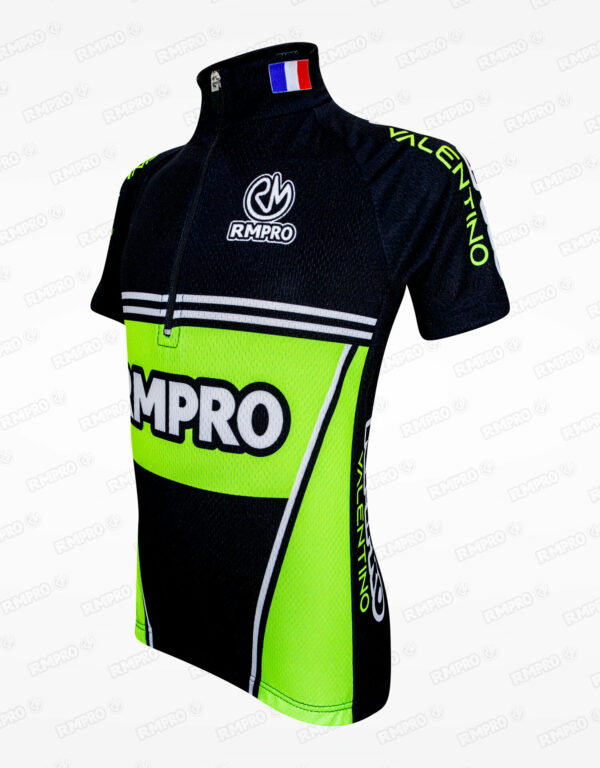 Maillot de cyclisme noir et vert fluo avec logo personnalisé et détails techniques.
