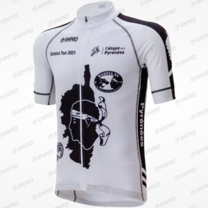 Maillot de cyclisme blanc personnalisé avec motifs graphiques et logos, représentant la Corse.