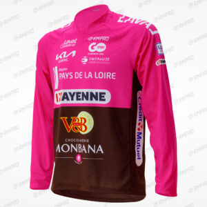 Maillot à manches longues rose et brun personnalisé avec logos de sponsors pour un club de cyclisme.