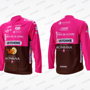 Maillot long rose et marron personnalisé aux couleurs de la région Pays de la Loire avec logos de sponsors.