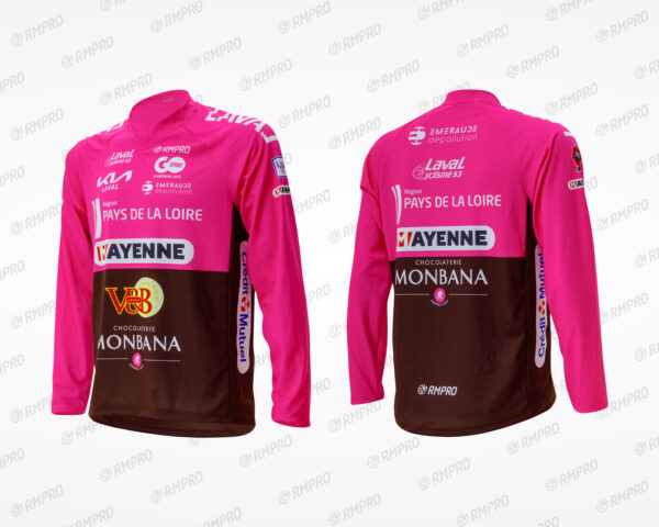 Maillot long rose et marron personnalisé aux couleurs de la région Pays de la Loire avec logos de sponsors.