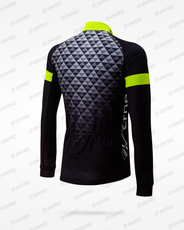 Maillot noir avec motifs géométriques et détails en jaune fluo, conçu pour le cyclisme.