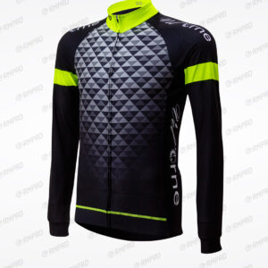 Maillot technique à manches longues noir avec motifs géométriques et détails fluo.