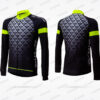 Maillot à manches longues noir avec motifs géométriques et détails fluo, design personnalisé pour club de cyclisme.