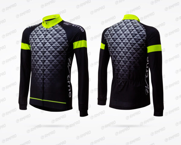 Maillot à manches longues noir avec motifs géométriques et détails fluo, design personnalisé pour club de cyclisme.
