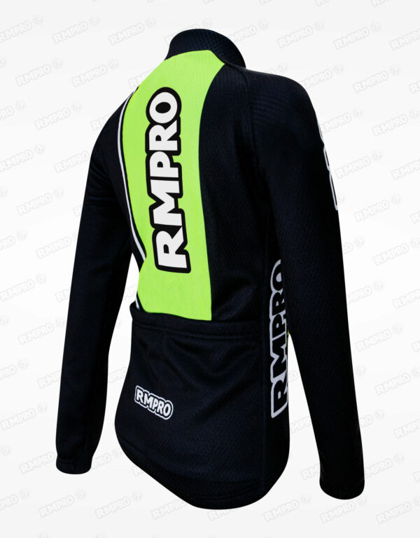 Veste technique noire avec empiècements verts, personnalisée avec logo sur le dos.