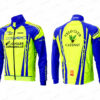 Veste de cyclisme personnalisée en jaune fluo et bleu, avec logos du Velo Club Catenay.