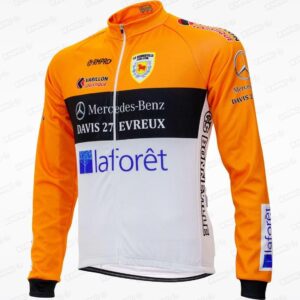 Maillot de cyclisme personnalisé orange et blanc avec logos de club et sponsors.