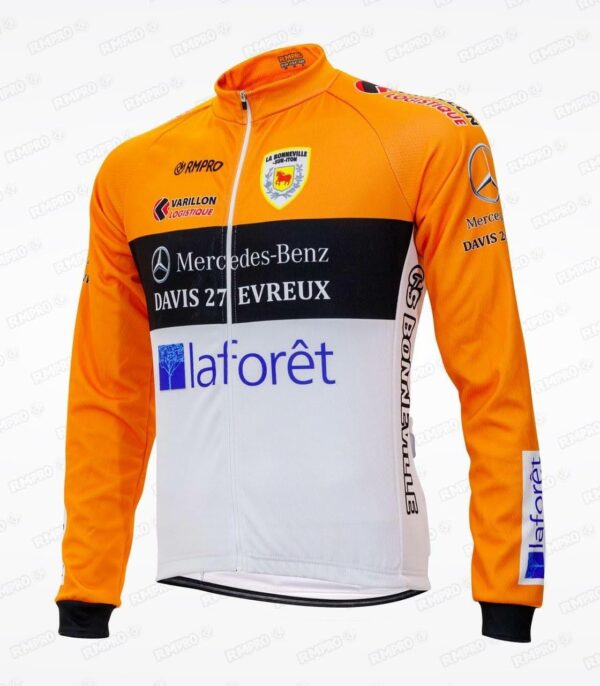 Maillot de cyclisme personnalisé orange et blanc avec logos de club et sponsors.