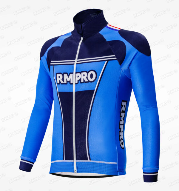 Veste de cyclisme bleu et noir avec fermeture éclair et logo personnalisé sur le devant.