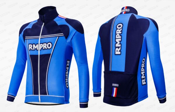 Veste technique en bleu et noir avec zip, adaptée pour le cyclisme et personnalisable avec logos.