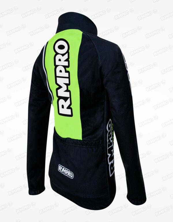 Veste technique noire avec empiècements verts fluorescents et logos, idéale pour le cyclisme.