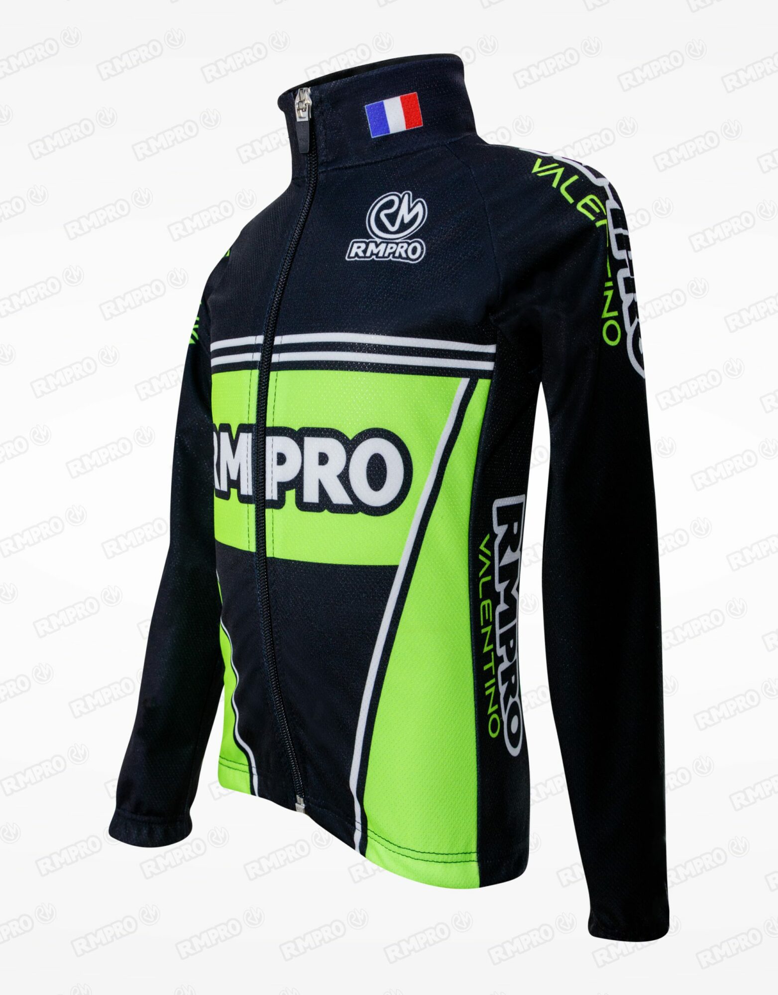 Veste technique noire et verte avec logos personnalisés pour cyclisme.