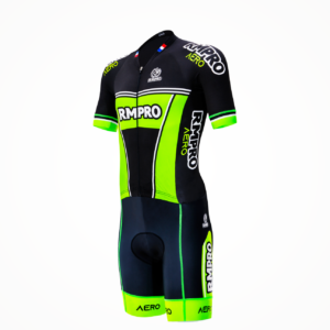 Maillot de cyclisme manches courtes noir et vert fluo avec logos personnalisés et coupe aérodynamique.