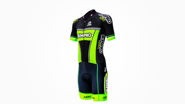 Maillot de cyclisme manches courtes noir et vert fluo avec logos personnalisés et coupe aérodynamique.
