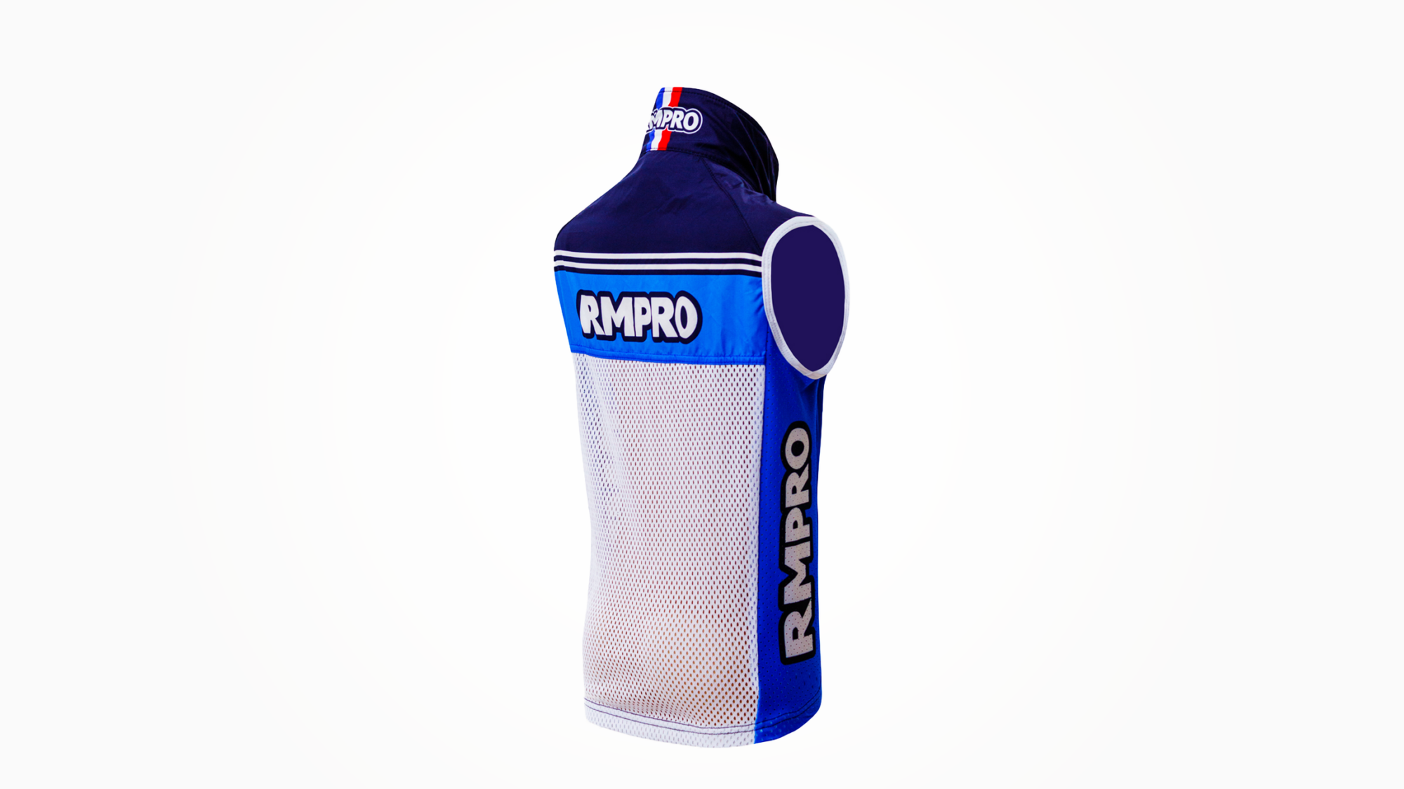Gilet technique sans manches bleu et blanc avec logo RMPRO et maille respirante.