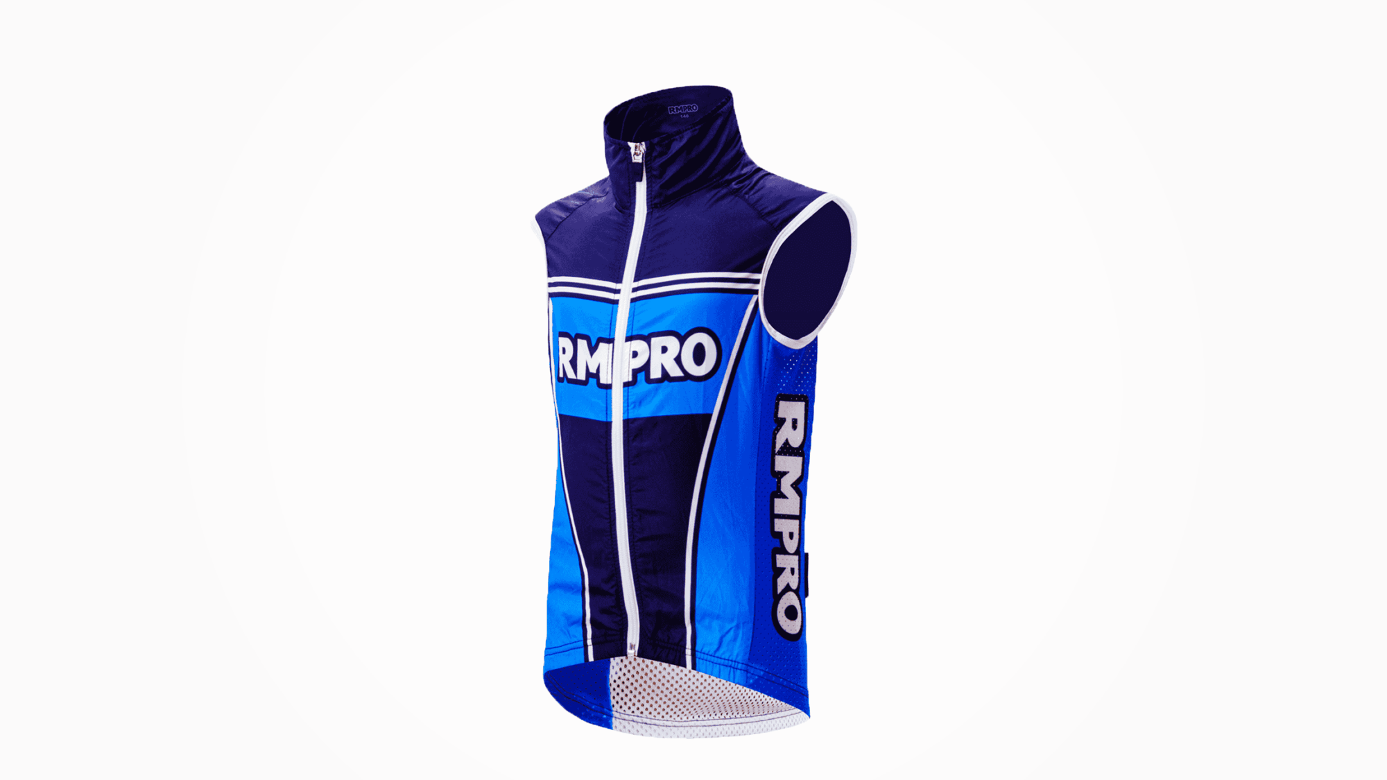 Gilet de cyclisme bleu et noir avec logo RMPRO, idéal pour les enfants en entraînement ou compétition.