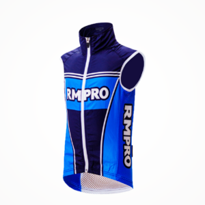 Gilet de cyclisme bleu et noir avec logo RMPRO, idéal pour les enfants en entraînement ou compétition.