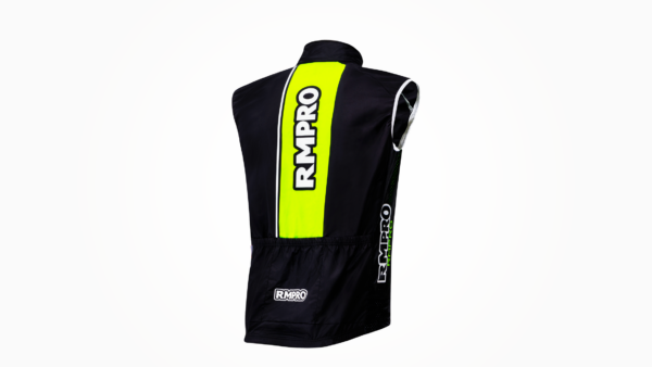 Gilet technique noir avec bande fluo personnalisée, conçu pour le cyclisme.